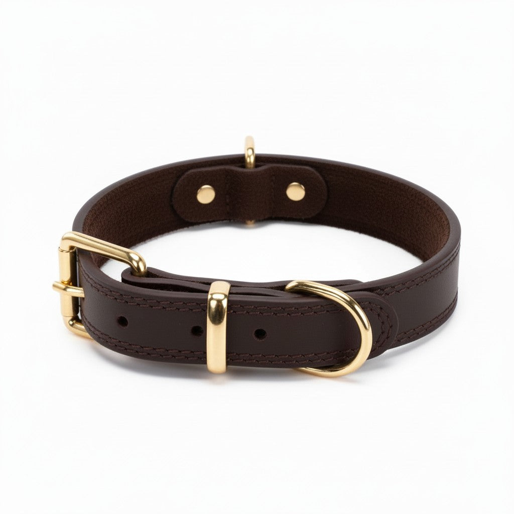 Aurex Prestige Dog Collar — Full-Grain Leather, Solid Brass, Saddle Stitch