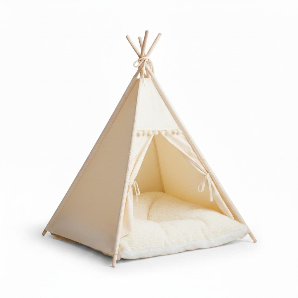 Aurex Teepee Pet Tent — Cotton Canvas, Pine Frame, Washable Cushion