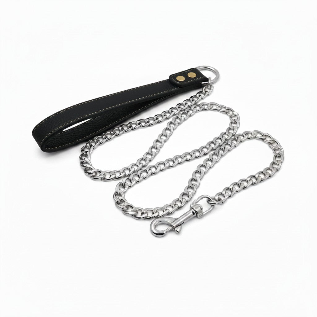 Aurex Chain Leash — 304 Stainless Steel Cuban Link, Gold PVD, Leather Handle