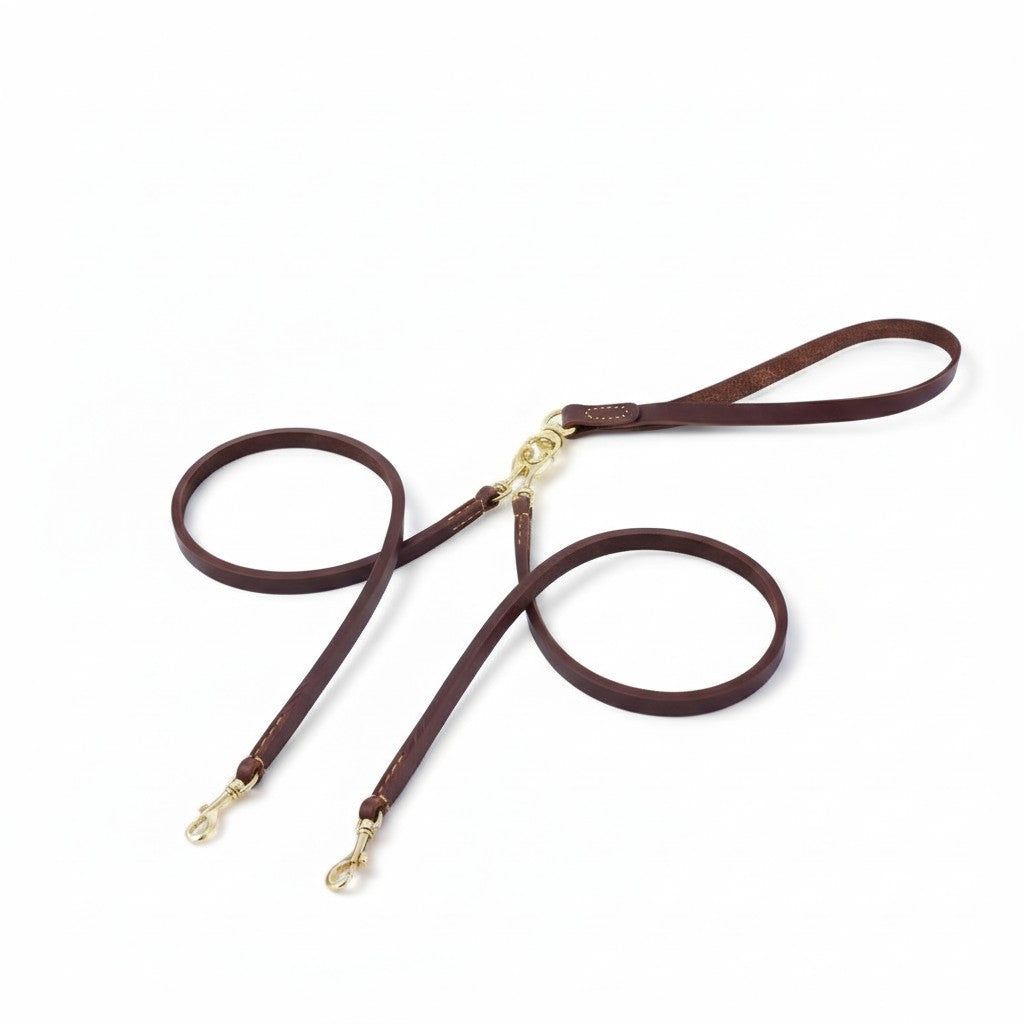 Aurex Duo Leash — Full-Grain Leather, 360° Brass Swivel, Double Leash