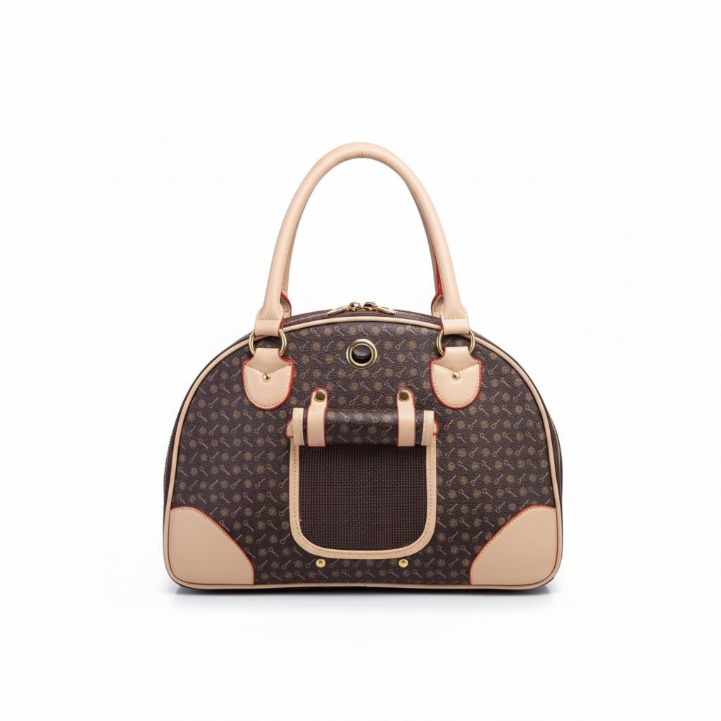 Aurex Luxury Pet Carrier — Monogram Canvas, Leather Trim, Gold Hardware