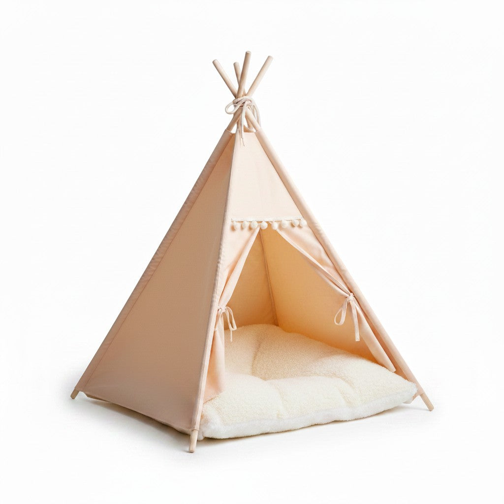 Aurex Teepee Pet Tent — Cotton Canvas, Pine Frame, Washable Cushion