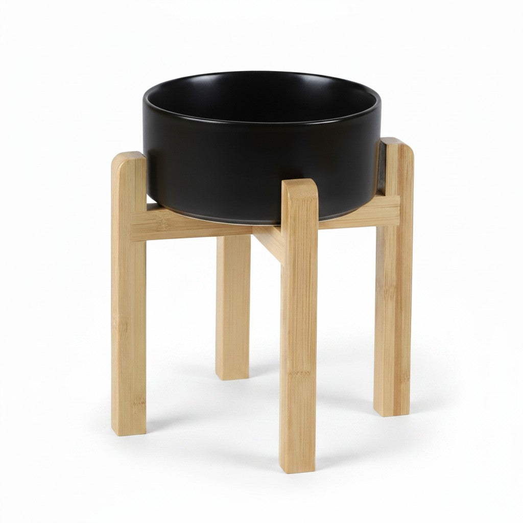 Aurex Ceramic Bowl with Bamboo Stand — Elevated, 4 Sizes, Dogs & Cats
