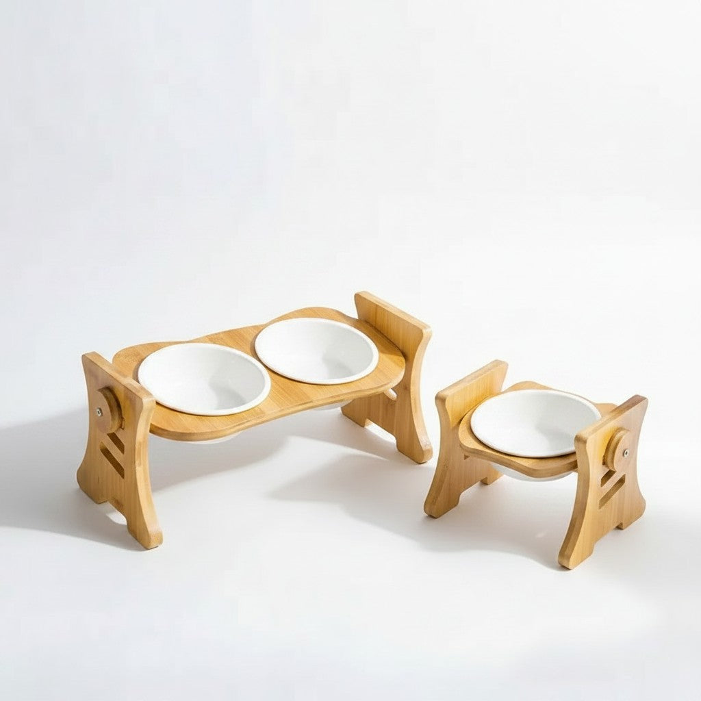 Aurex Bamboo Bowl Stand — 3 Height Settings, FSC Moso Bamboo, Ceramic Bowl, Small Dogs