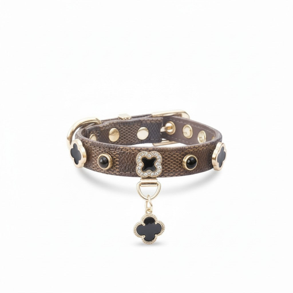 Aurex Clover Pendant Collar — Damier Canvas, Crystal Medallions, Pearl Charm