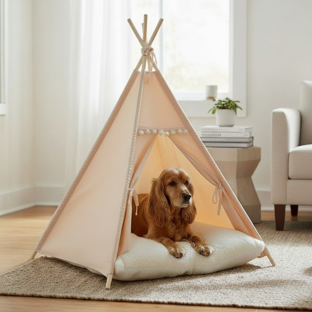 Aurex Teepee Pet Tent — Cotton Canvas, Pine Frame, Washable Cushion