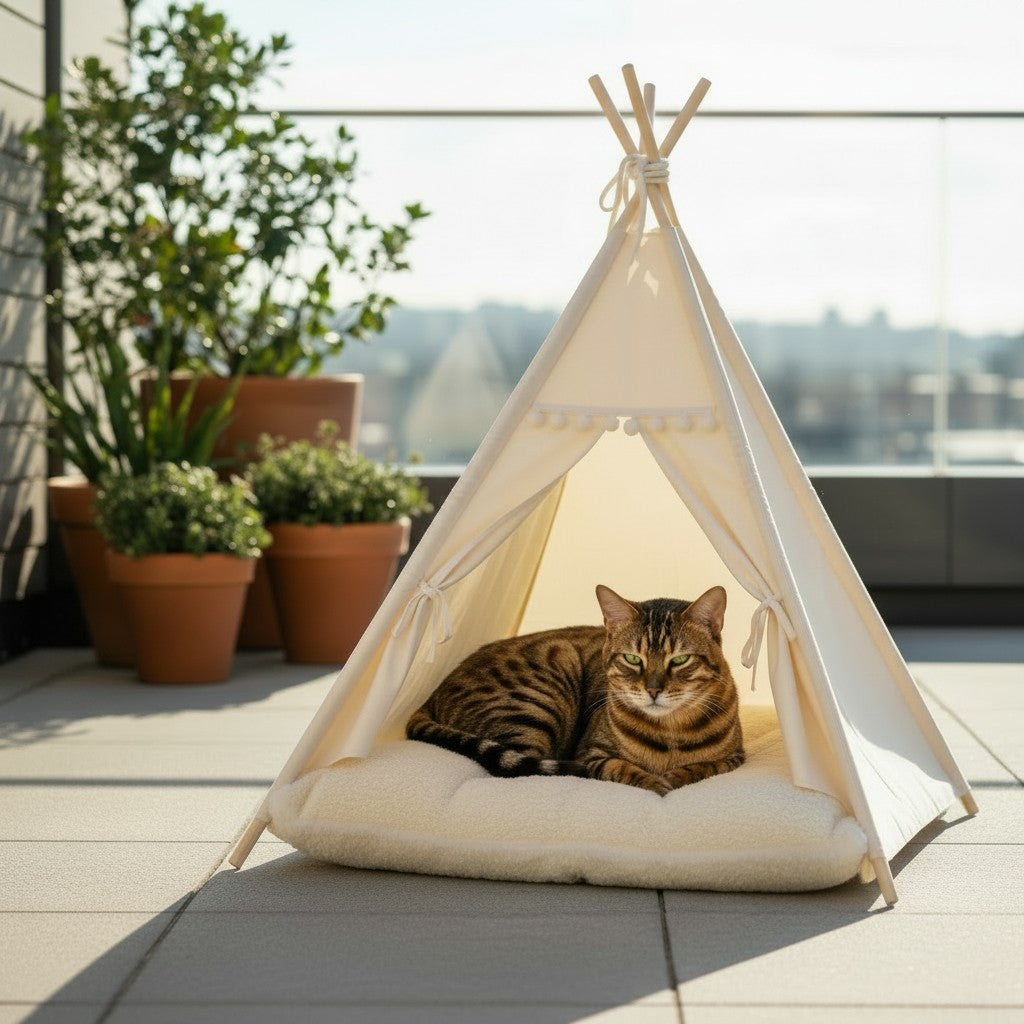 Aurex Teepee Pet Tent — Cotton Canvas, Pine Frame, Washable Cushion