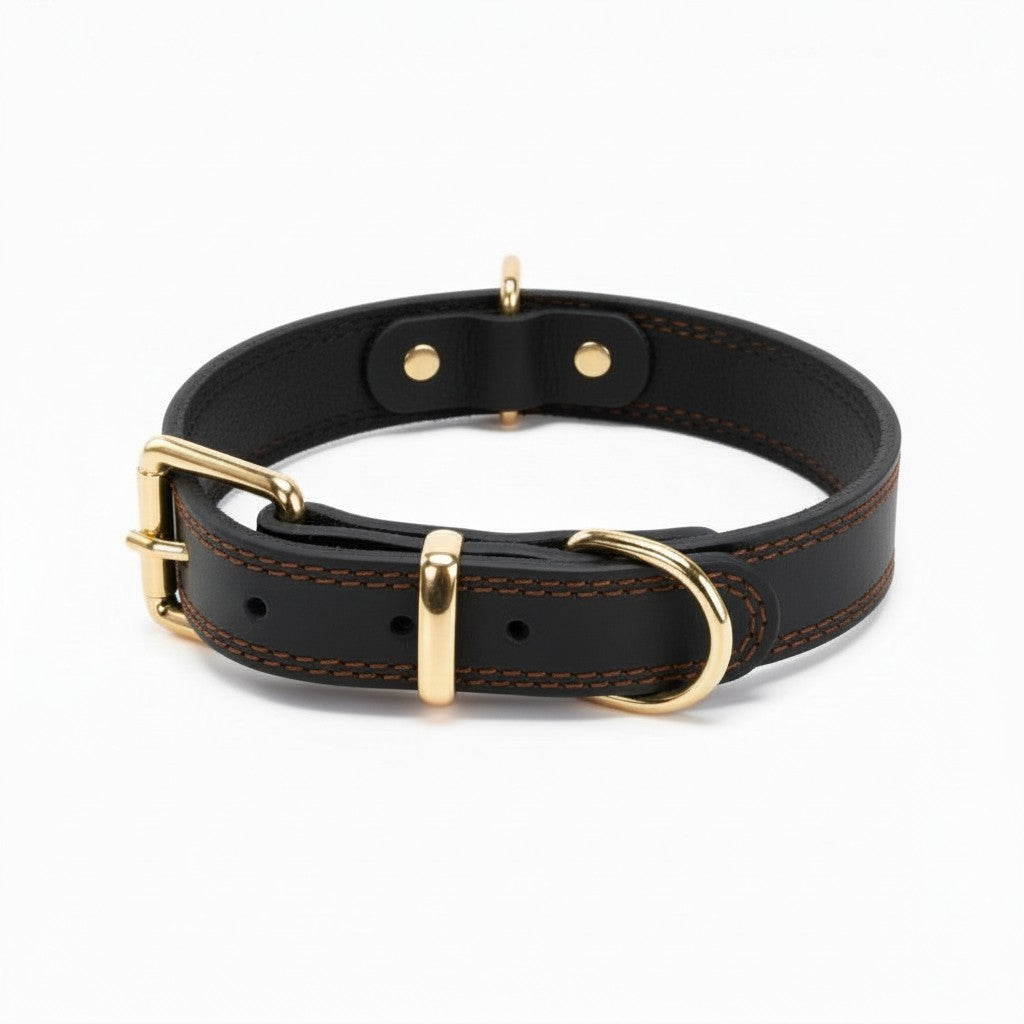Aurex Prestige Dog Collar — Full-Grain Leather, Solid Brass, Saddle Stitch