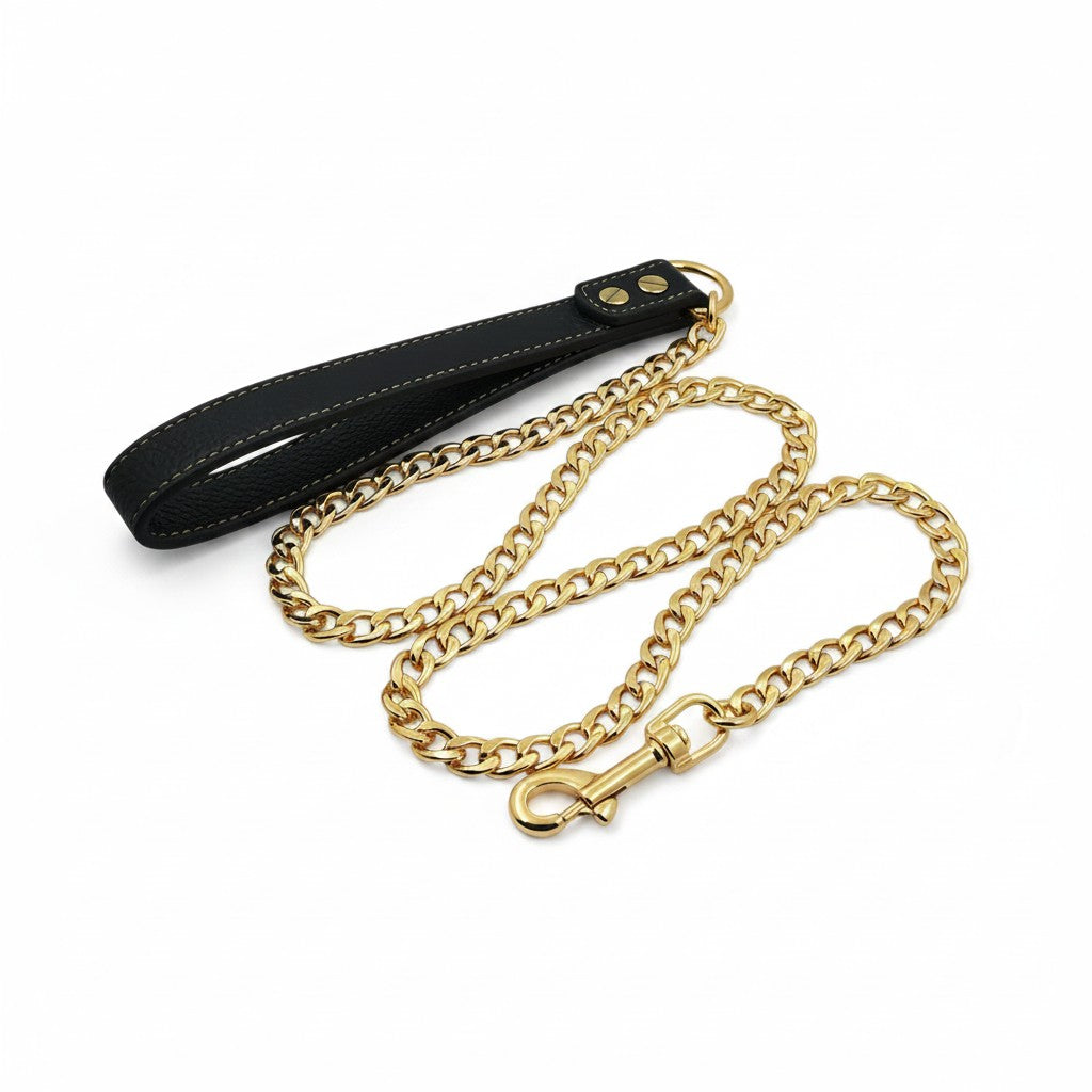 Aurex Chain Leash — 304 Stainless Steel Cuban Link, Gold PVD, Leather Handle