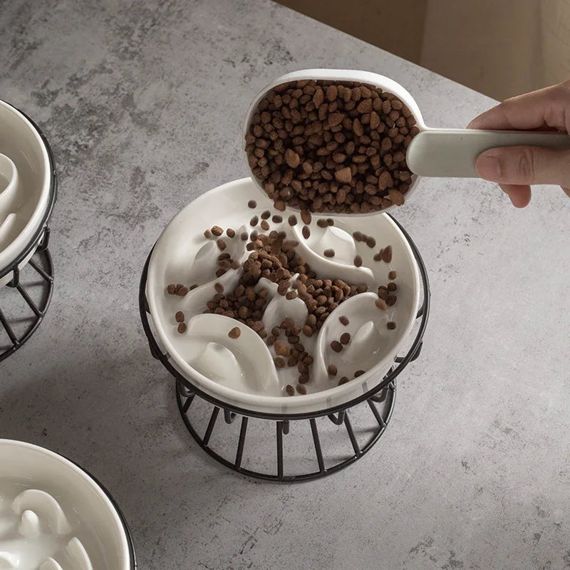 Aurex Slow-Feeder Ceramic Bowl — Maze Structure & Wire Stand