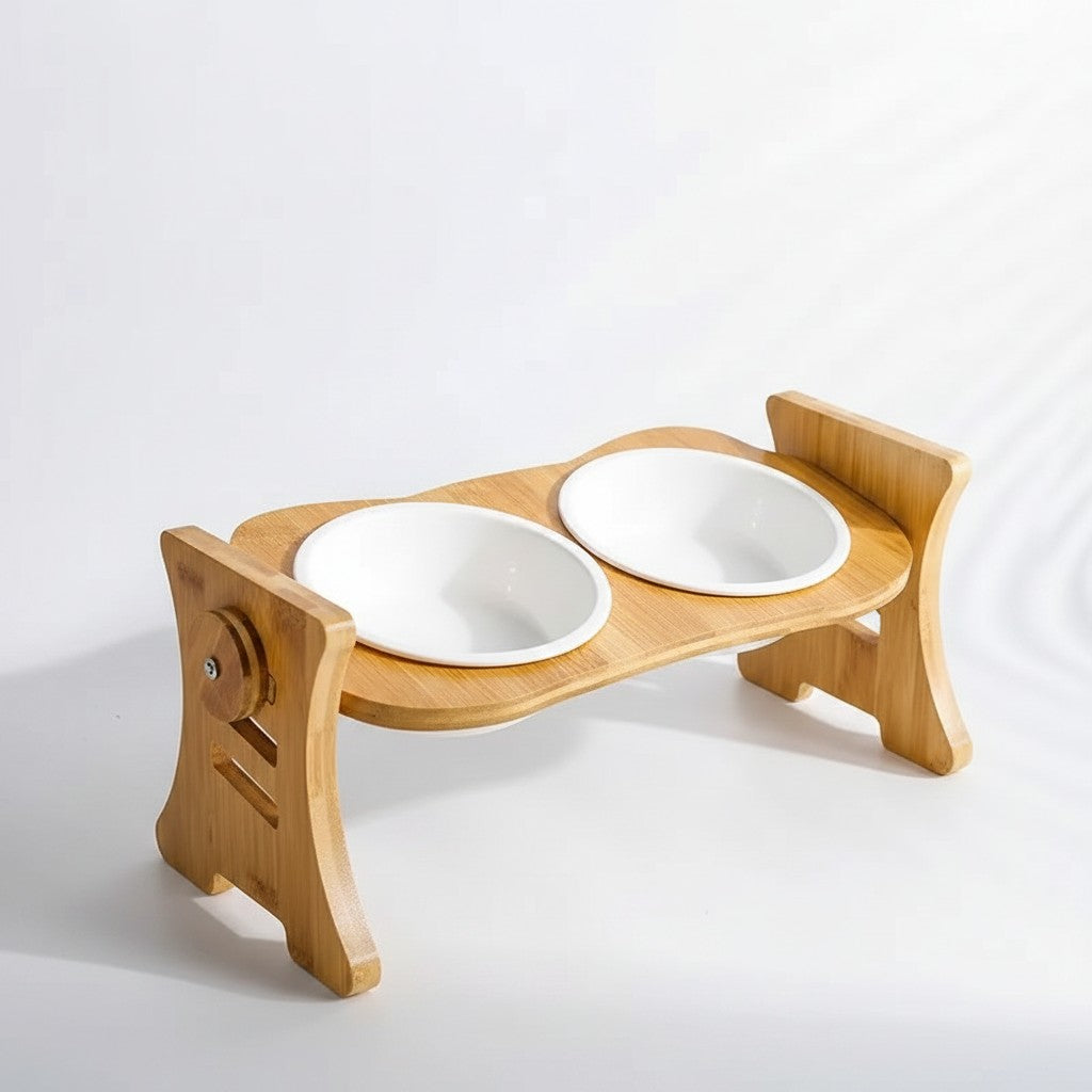 Aurex Bamboo Bowl Stand — 3 Height Settings, FSC Moso Bamboo, Ceramic Bowl, Small Dogs