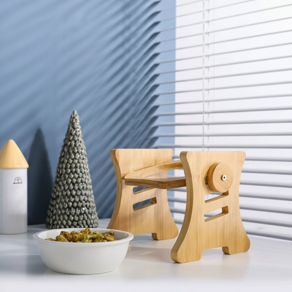 Aurex Bamboo Bowl Stand — 3 Height Settings, FSC Moso Bamboo, Ceramic Bowl, Small Dogs