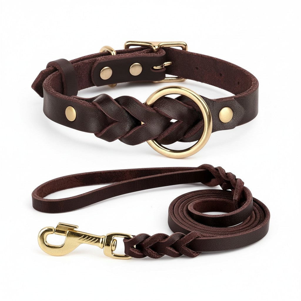 Aurex Braided Set — Hand-Braided Full-Grain Leather, Solid Brass, Collar & Leash