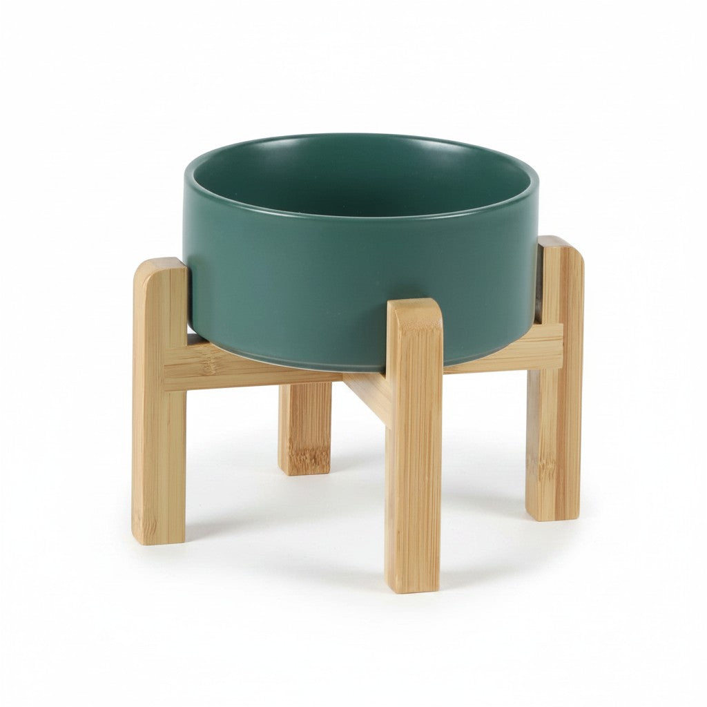 Aurex Ceramic Bowl with Bamboo Stand — Elevated, 4 Sizes, Dogs & Cats
