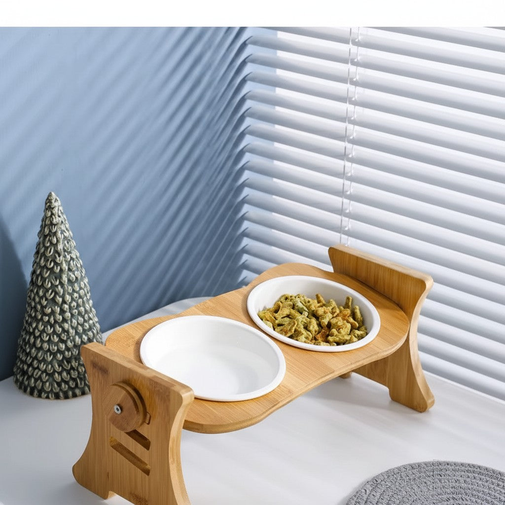 Aurex Bamboo Bowl Stand — 3 Height Settings, FSC Moso Bamboo, Ceramic Bowl, Small Dogs