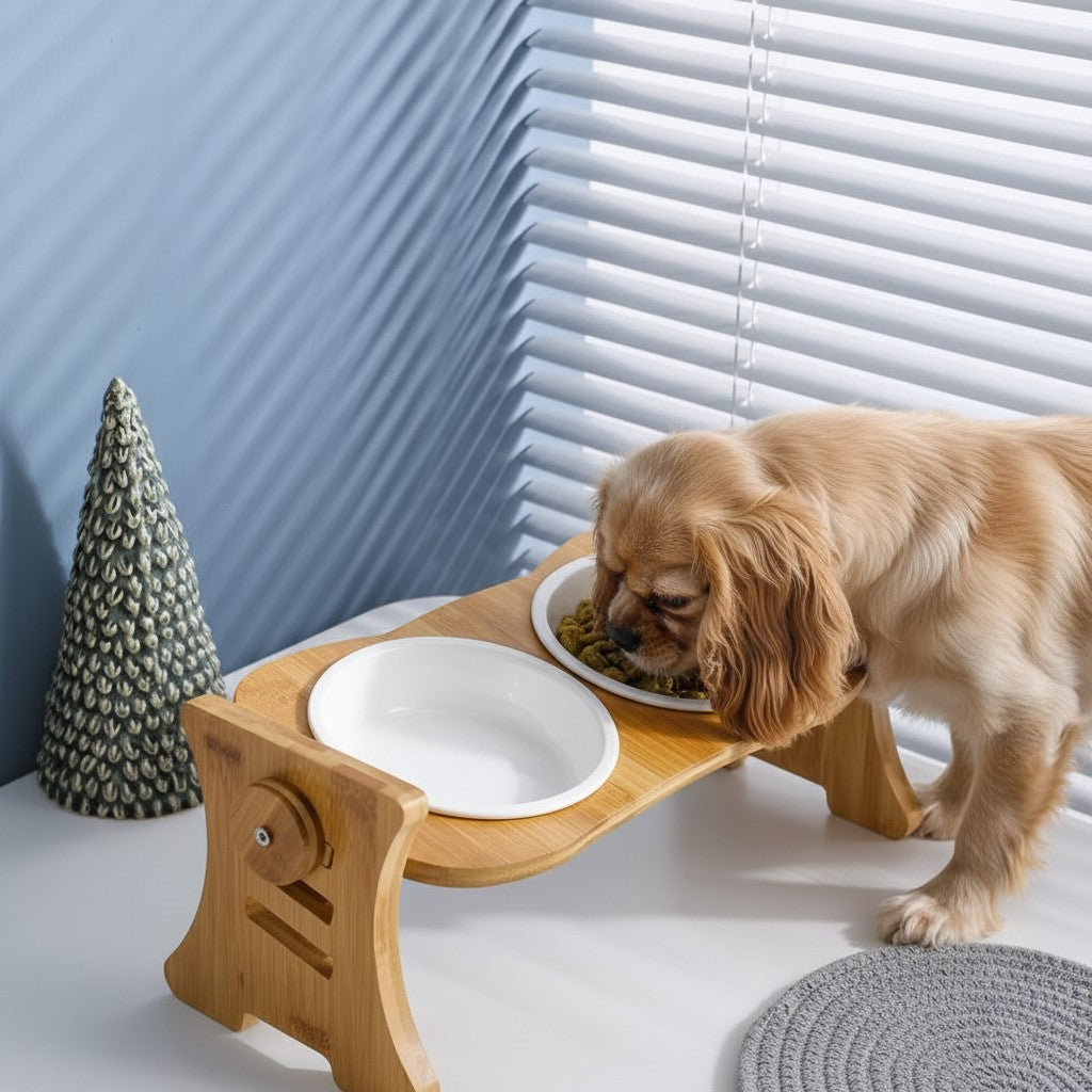 Aurex Bamboo Bowl Stand — 3 Height Settings, FSC Moso Bamboo, Ceramic Bowl, Small Dogs