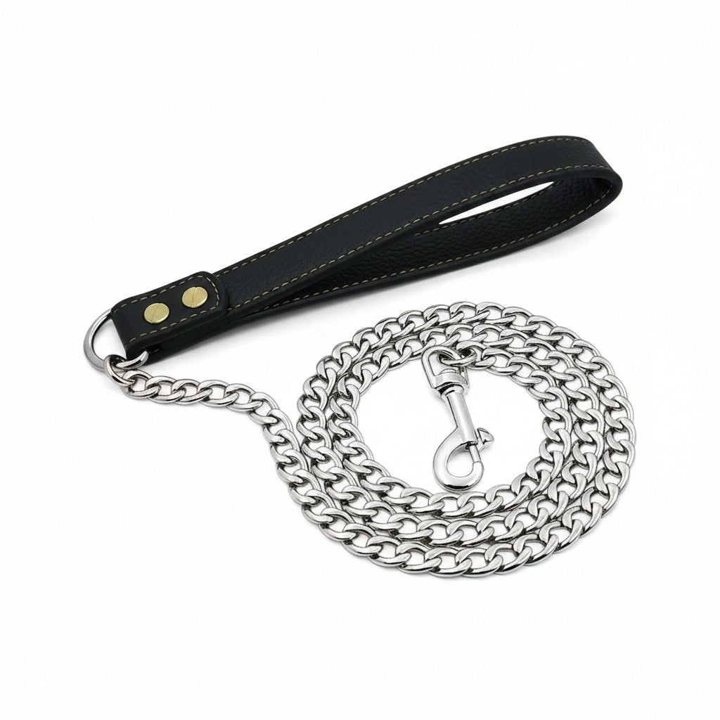 Aurex Chain Leash — 304 Stainless Steel Cuban Link, Gold PVD, Leather Handle