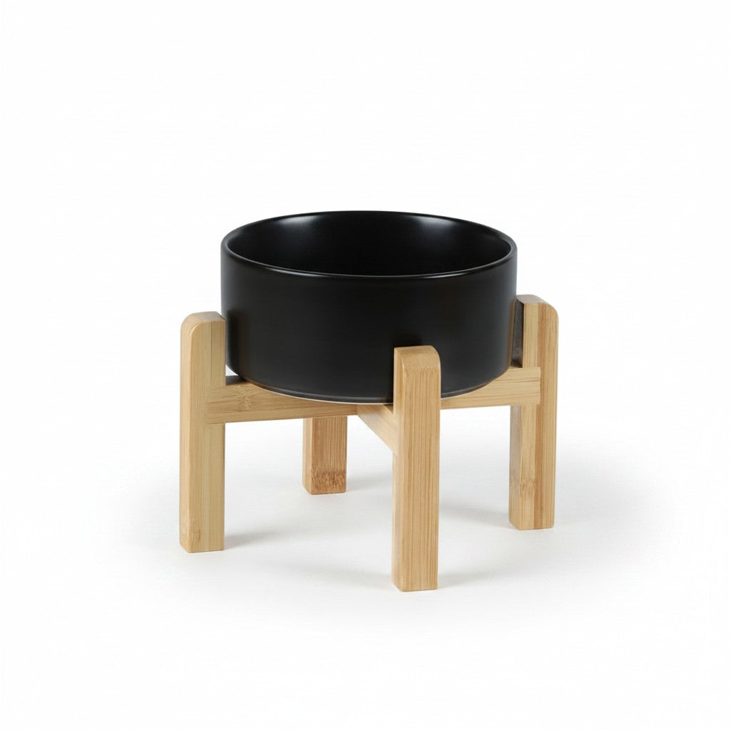 Aurex Ceramic Bowl with Bamboo Stand — Elevated, 4 Sizes, Dogs & Cats
