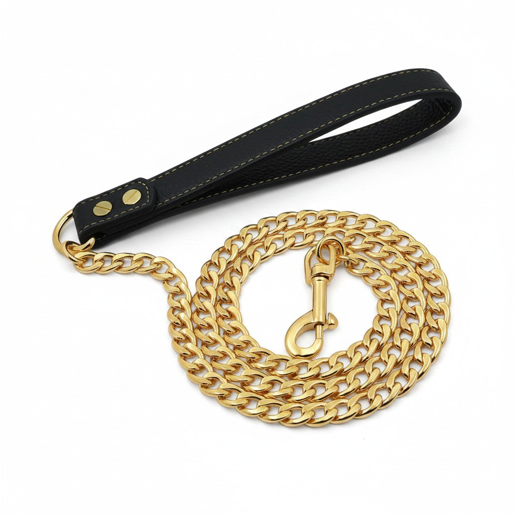 Aurex Chain Leash — 304 Stainless Steel Cuban Link, Gold PVD, Leather Handle