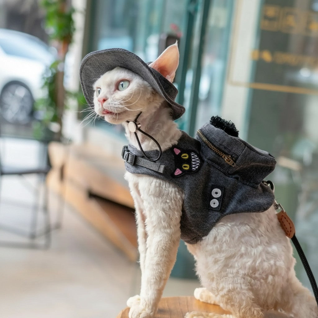 Aurex Cat Vest with Mini Backpack — Denim Cotton, Adjustable Harness