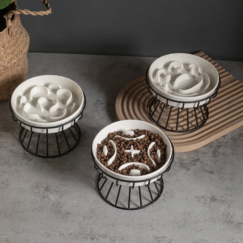 Aurex Slow-Feeder Ceramic Bowl — Maze Structure & Wire Stand