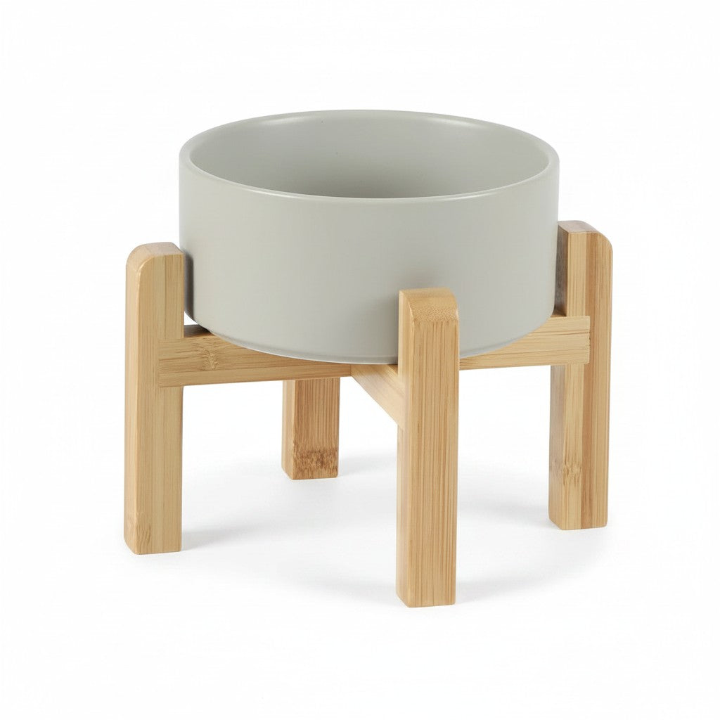 Aurex Ceramic Bowl with Bamboo Stand — Elevated, 4 Sizes, Dogs & Cats