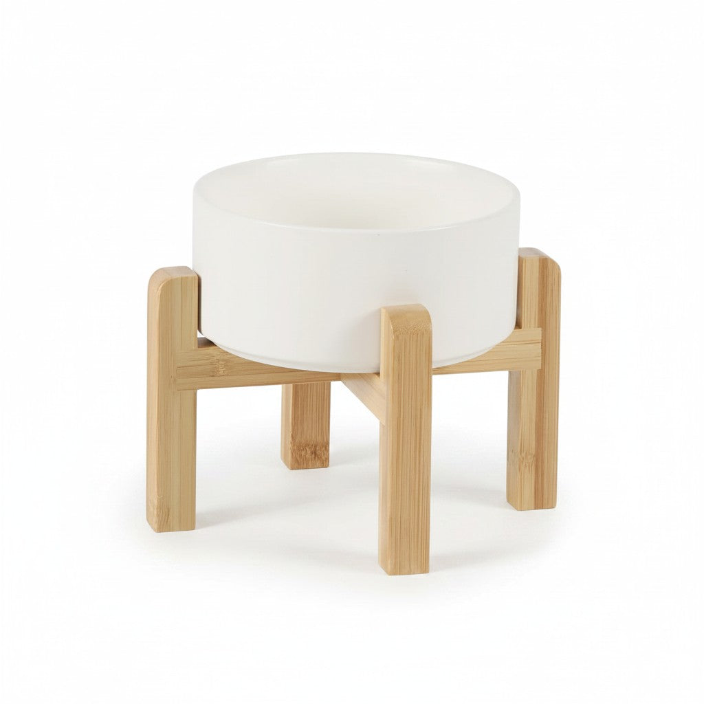 Aurex Ceramic Bowl with Bamboo Stand — Elevated, 4 Sizes, Dogs & Cats