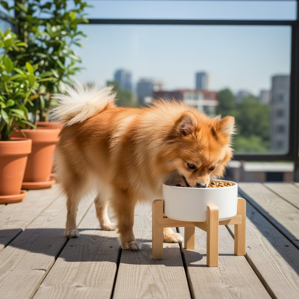 Aurex Ceramic Bowl with Bamboo Stand — Elevated, 4 Sizes, Dogs & Cats