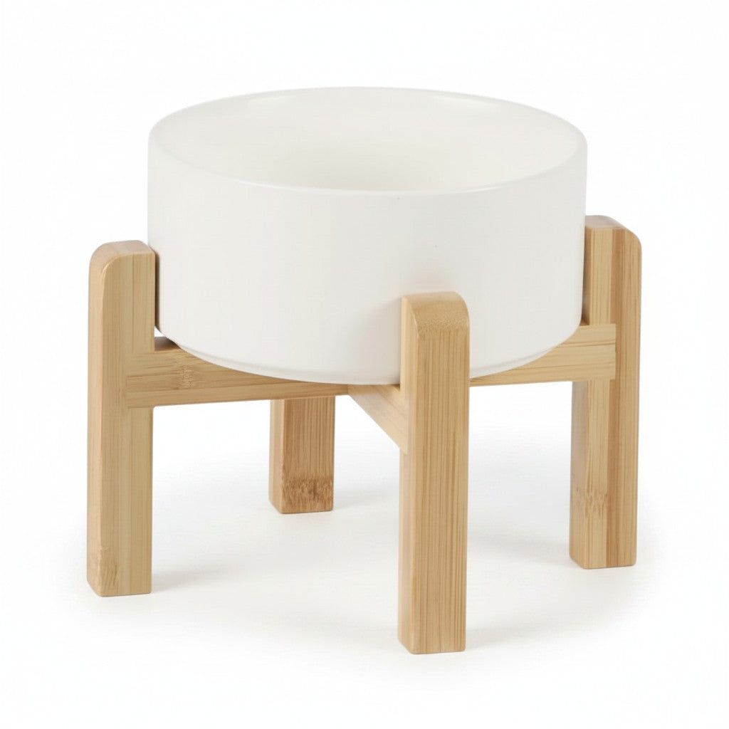Aurex Ceramic Bowl with Bamboo Stand — Elevated, 4 Sizes, Dogs & Cats