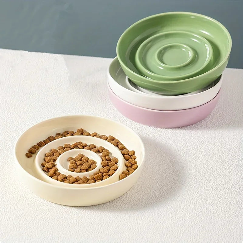 Aurex Slow-Feeder Ceramic Bowl — Pearl Glaze