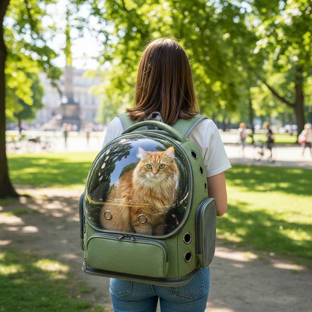 Aurex Pet Backpack Carrier — Space Capsule Window, 600D Oxford, Ventilation Portholes