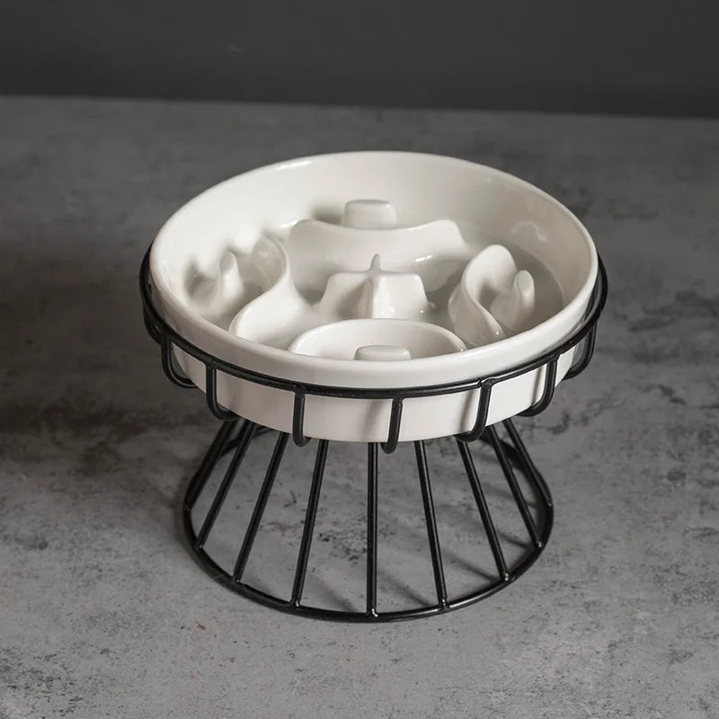 Aurex Slow-Feeder Ceramic Bowl — Maze Structure & Wire Stand