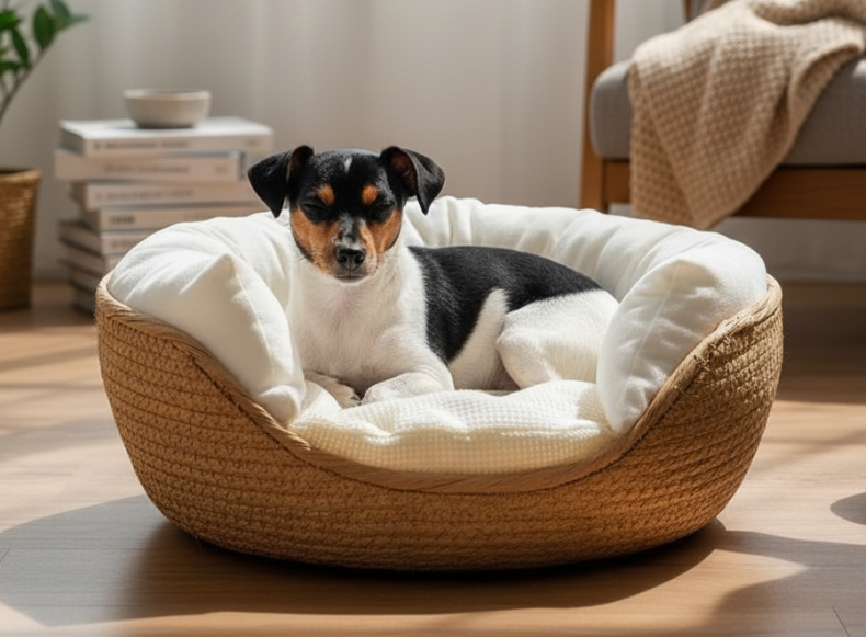 Aurex Bamboo Pet Basket — Hand-Woven, Waffle Cushion