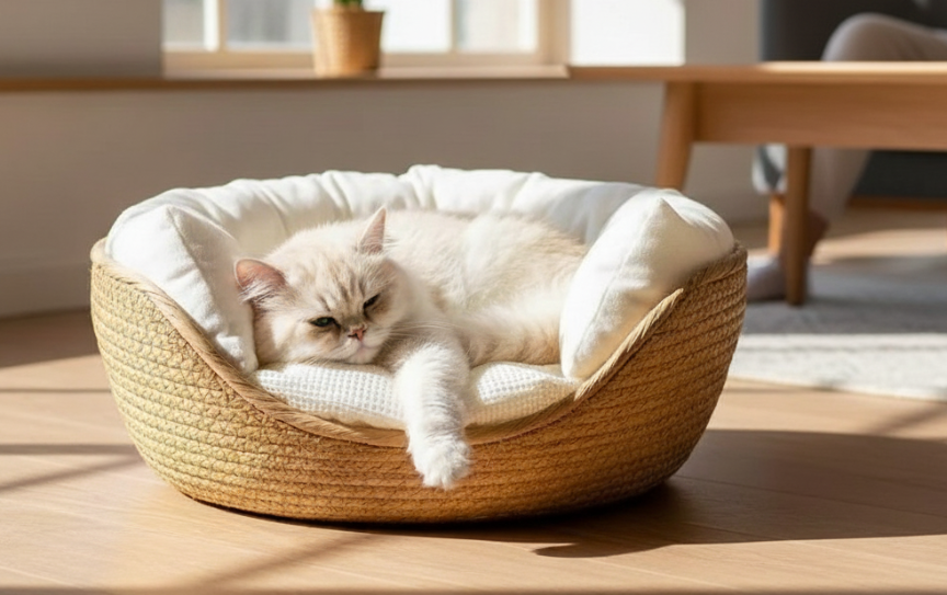 Aurex Bamboo Pet Basket — Hand-Woven, Waffle Cushion
