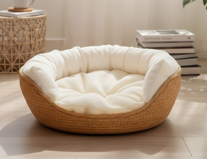 Aurex Bamboo Pet Basket — Hand-Woven, Waffle Cushion