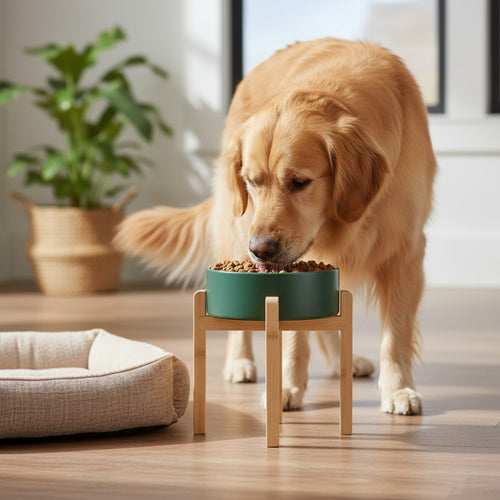 Aurex Ceramic Bowl with Bamboo Stand — Elevated, 4 Sizes, Dogs & Cats