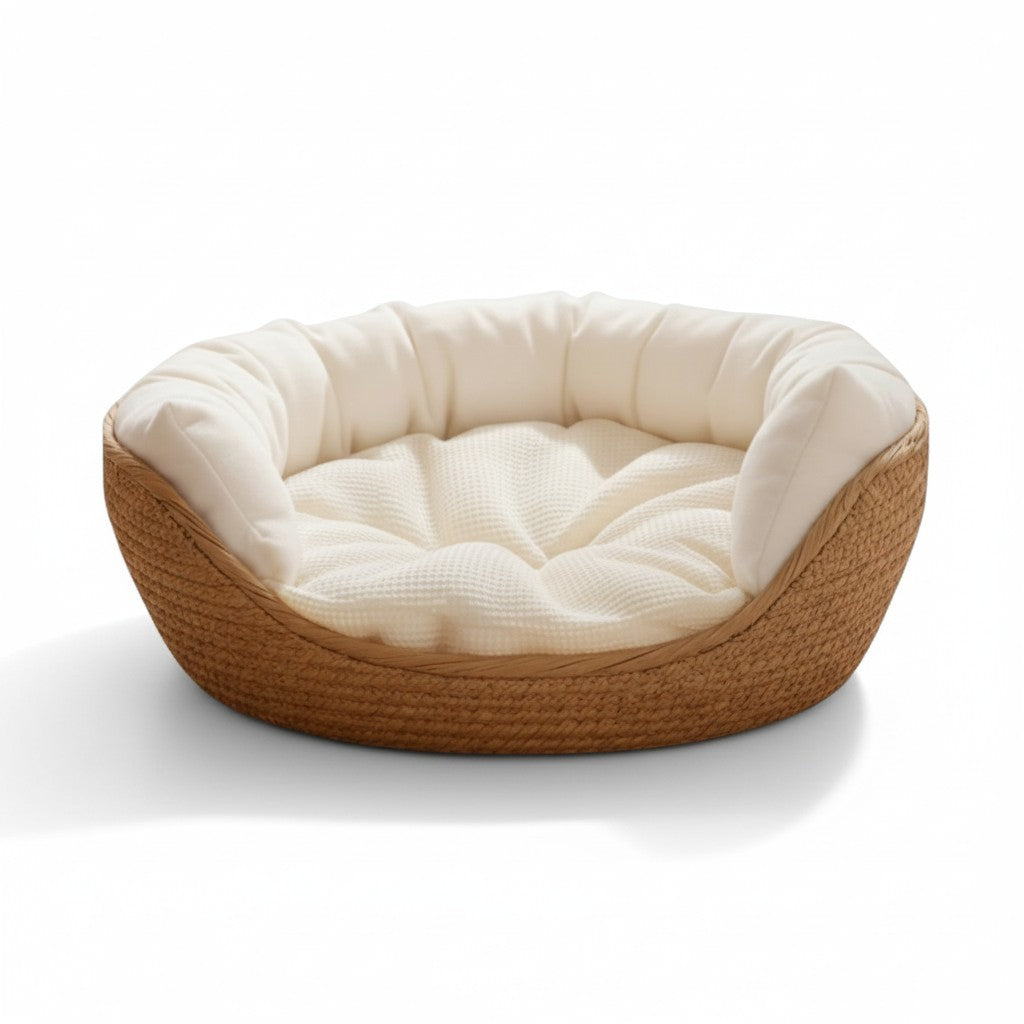 Aurex Bamboo Pet Basket — Hand-Woven, Waffle Cushion