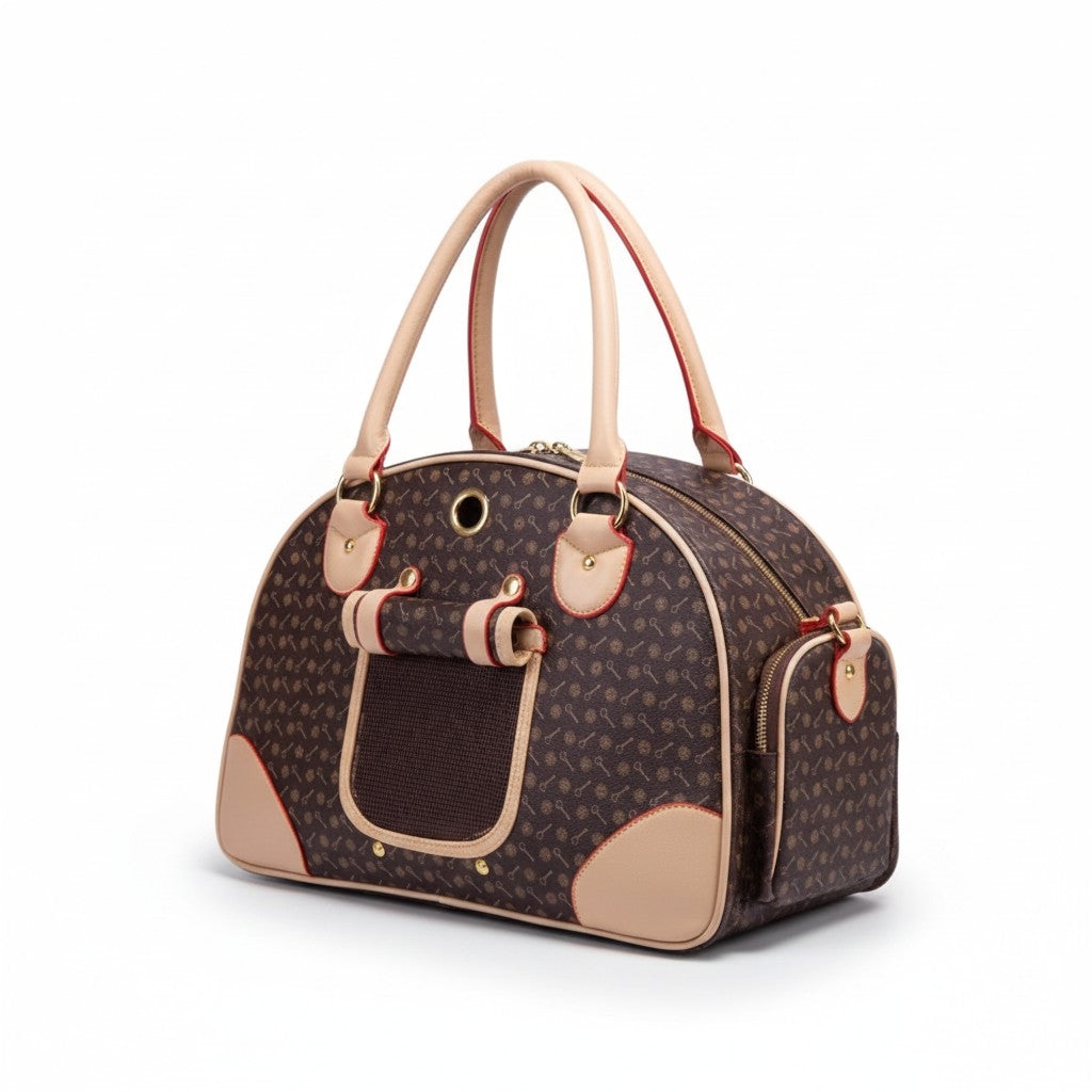 Aurex Luxury Pet Carrier — Monogram Canvas, Leather Trim, Gold Hardware