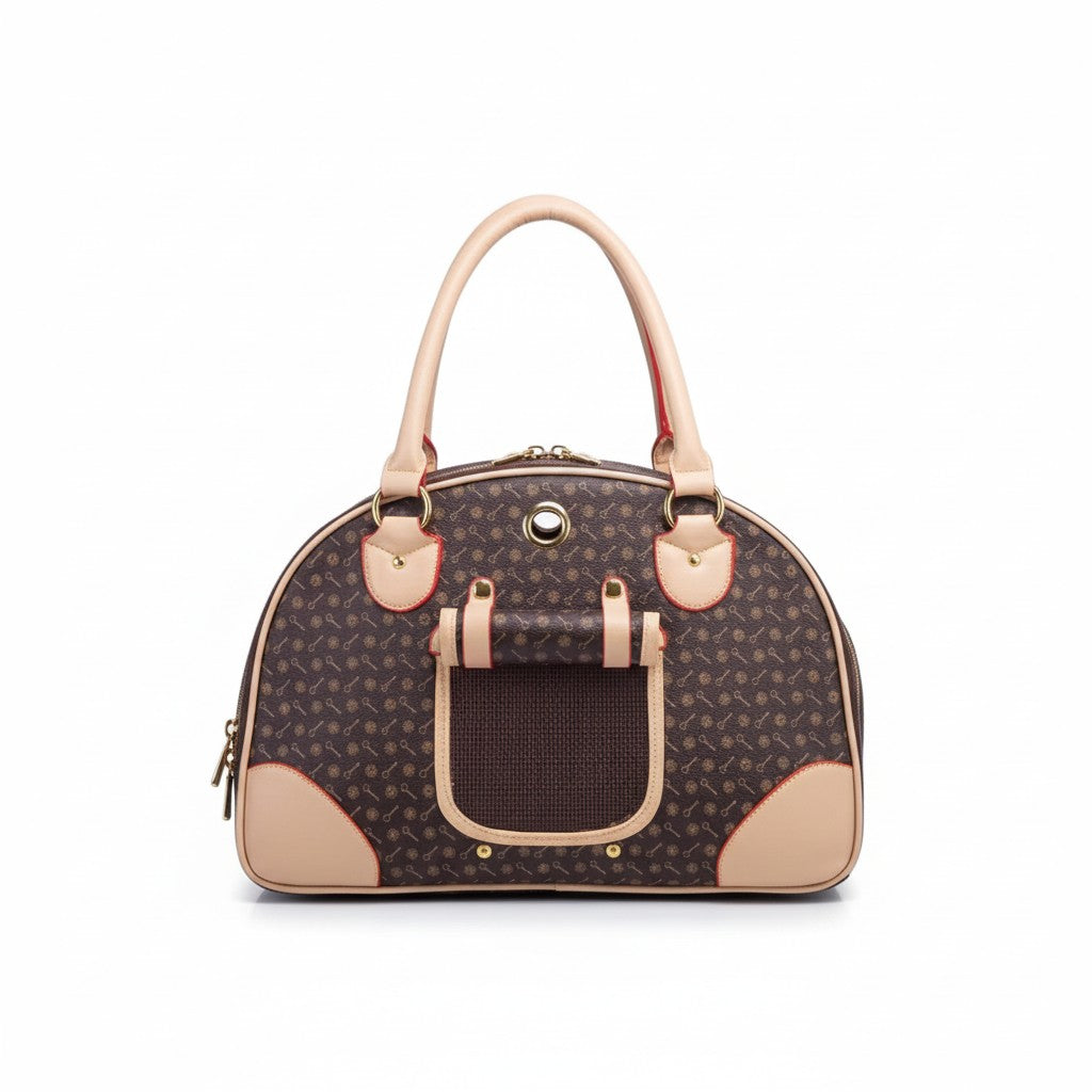 Aurex Luxury Pet Carrier — Monogram Canvas, Leather Trim, Gold Hardware