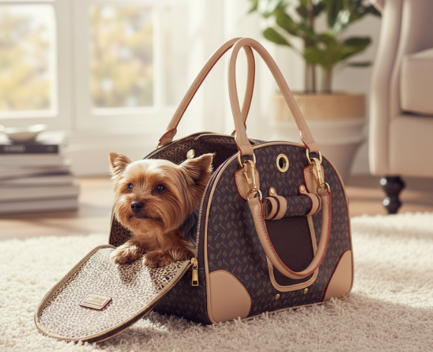 Aurex Luxury Pet Carrier — Monogram Canvas, Leather Trim, Gold Hardware
