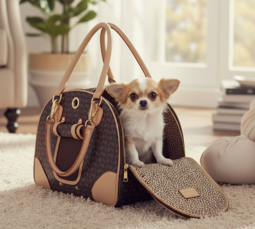 Aurex Luxury Pet Carrier — Monogram Canvas, Leather Trim, Gold Hardware