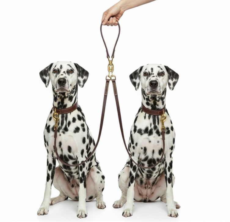 Aurex Duo Leash — Full-Grain Leather, 360° Brass Swivel, Double Leash