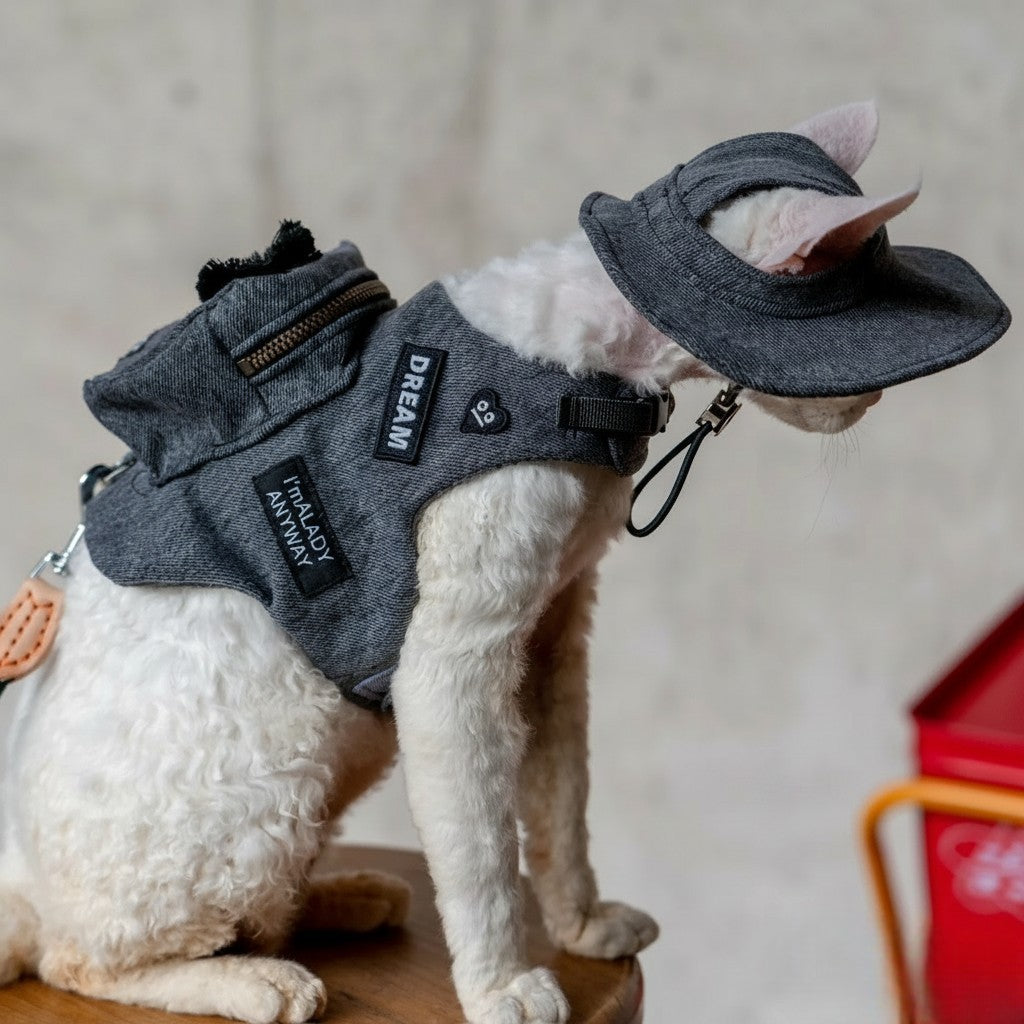Aurex Cat Vest with Mini Backpack — Denim Cotton, Adjustable Harness
