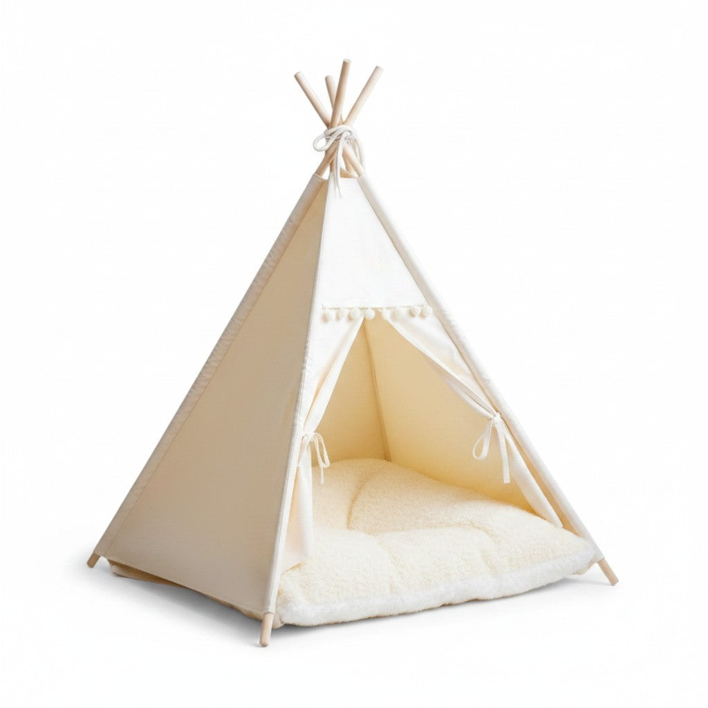 Aurex Teepee Pet Tent — Cotton Canvas, Pine Frame, Washable Cushion