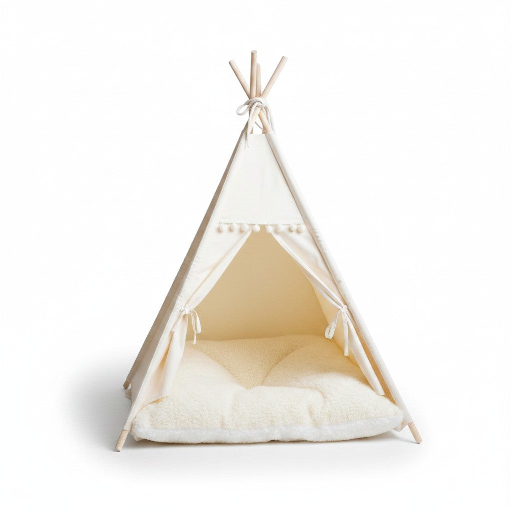 Aurex Teepee Pet Tent — Cotton Canvas, Pine Frame, Washable Cushion