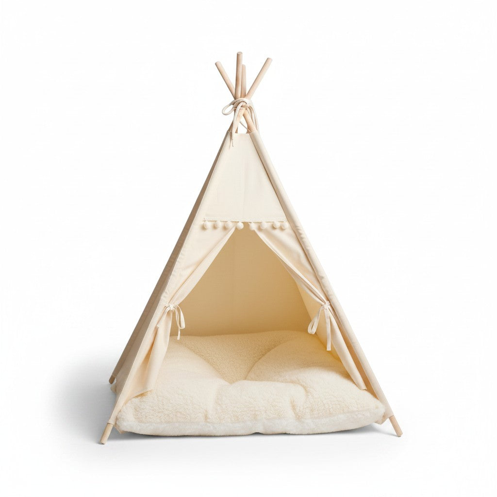 Aurex Teepee Pet Tent — Cotton Canvas, Pine Frame, Washable Cushion