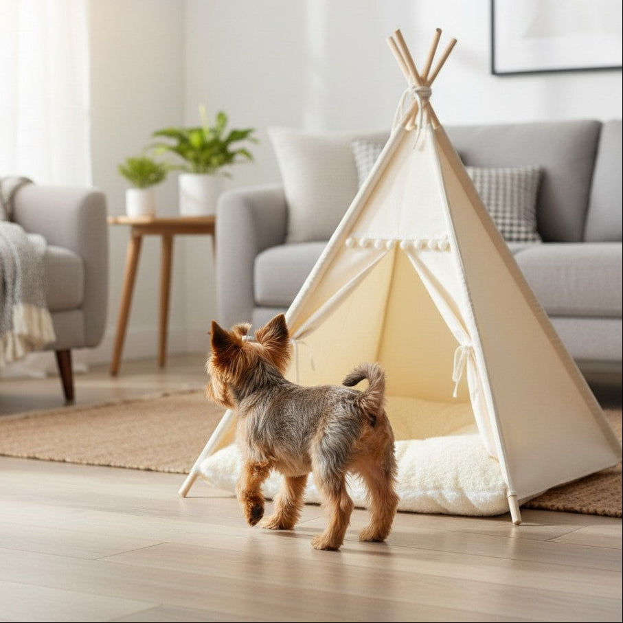 Aurex Teepee Pet Tent — Cotton Canvas, Pine Frame, Washable Cushion