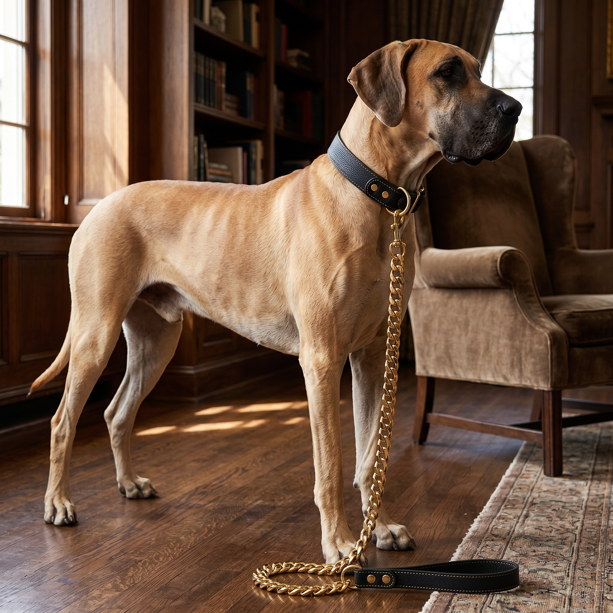 Aurex Chain Leash — 304 Stainless Steel Cuban Link, Gold PVD, Leather Handle