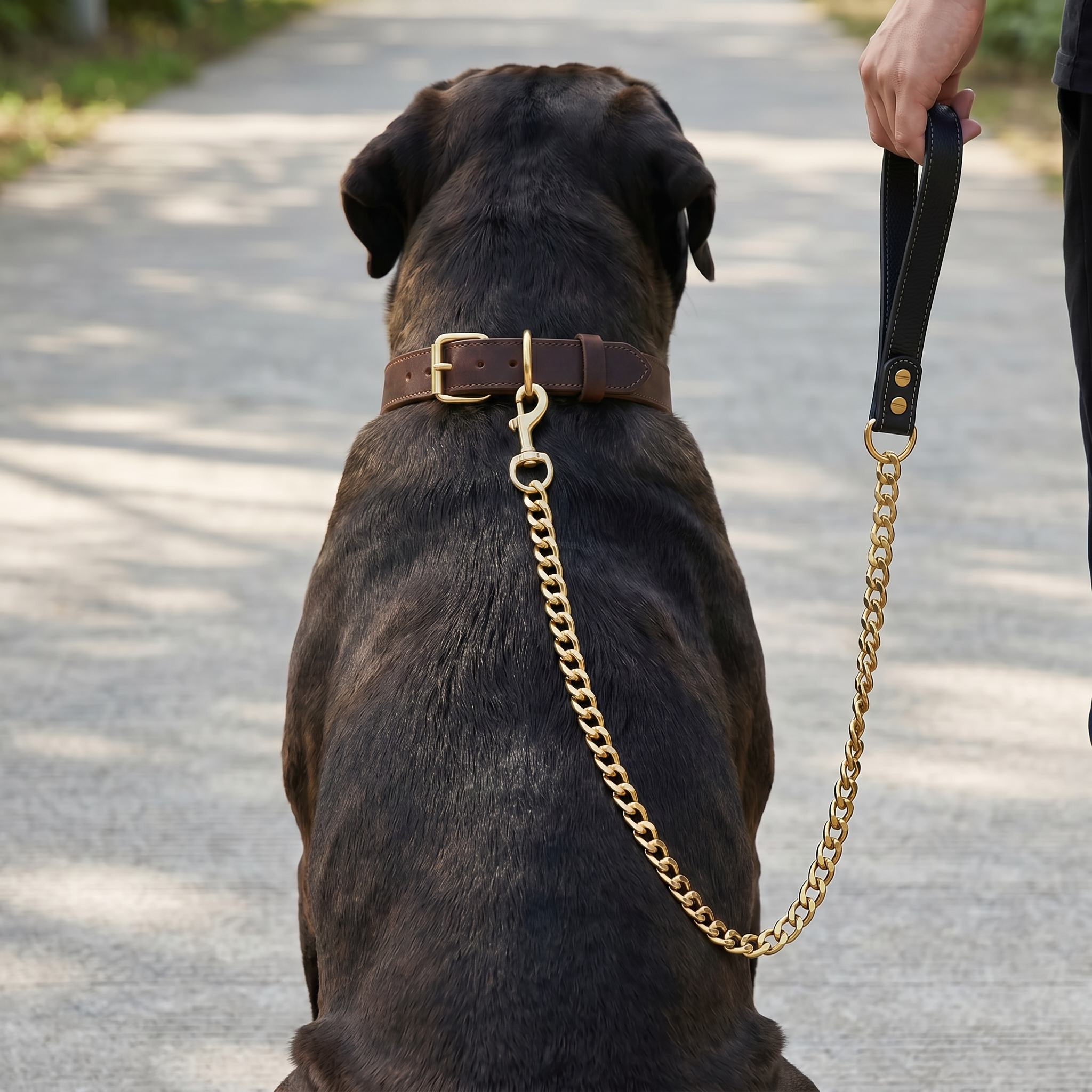 Aurex Chain Leash — 304 Stainless Steel Cuban Link, Gold PVD, Leather Handle
