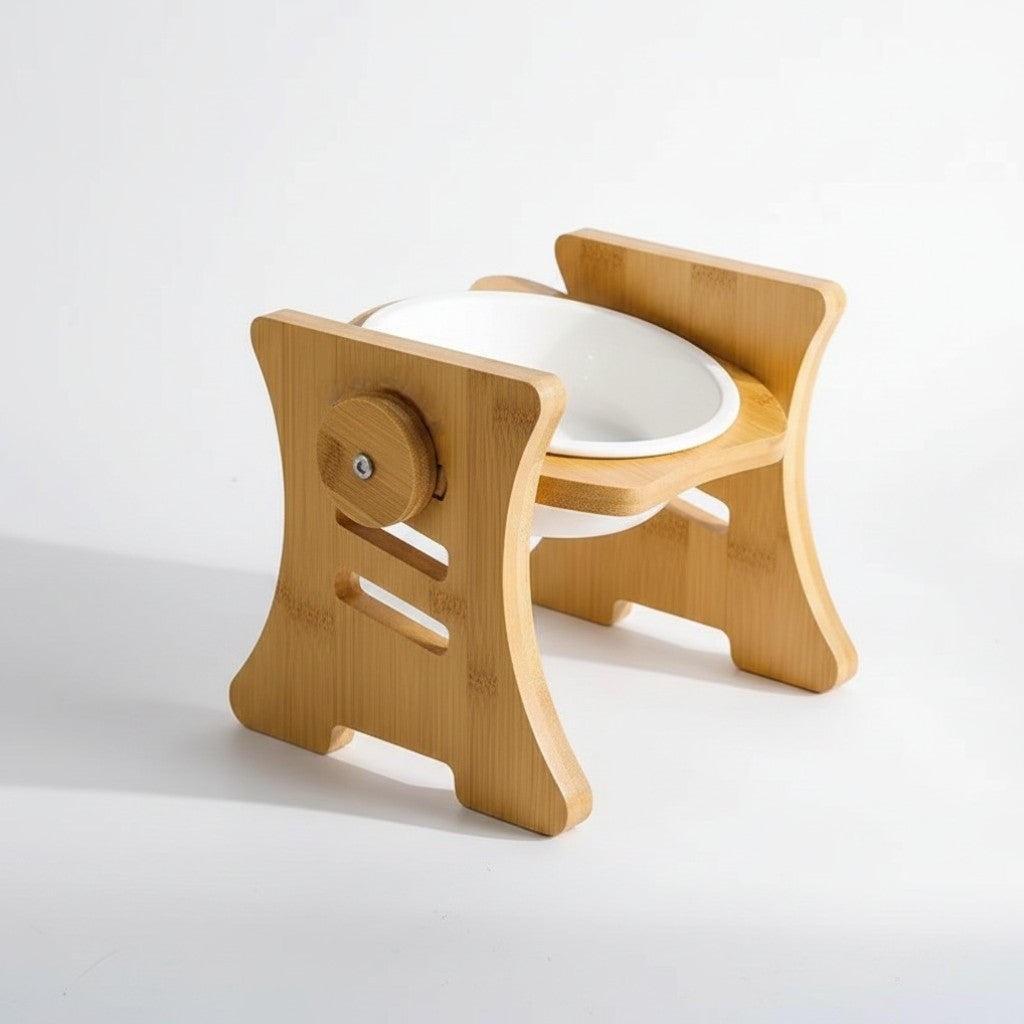 Aurex Bamboo Bowl Stand — 3 Height Settings, FSC Moso Bamboo, Ceramic Bowl, Small Dogs